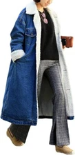 Women's Thicken Loose Sherpa Fleece Lined Button Down Long Denim Jacket Overcoat