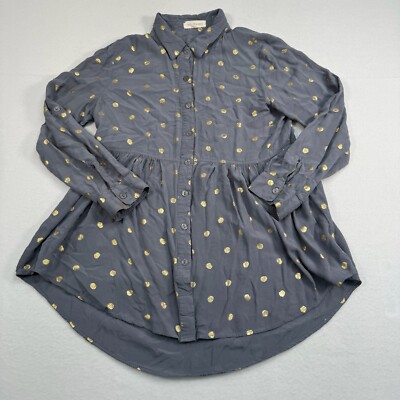 Solitaire Shirt Womens M Blue Long Sleeve Baby Doll Button Down Metallic Gold