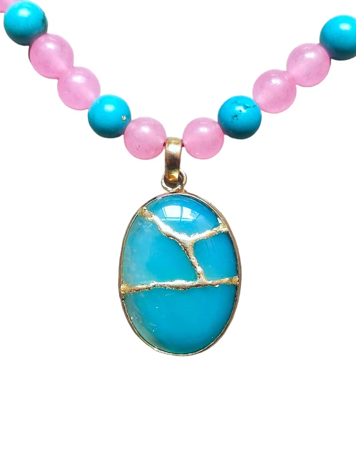 Collar colgante de ópalo azul con cuentas cuarzo rosa y turquesa joyas de piedras preciosas Foto 2 de 4