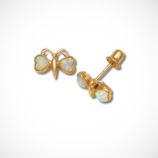14K Yellow  White Gold Children Opal Butterfly Stud Earrings Screw Back