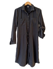 OLD NAVY Roll Tab Sleeve Shirt Dress M Gray Button Front Pocket Tie Waist NWT