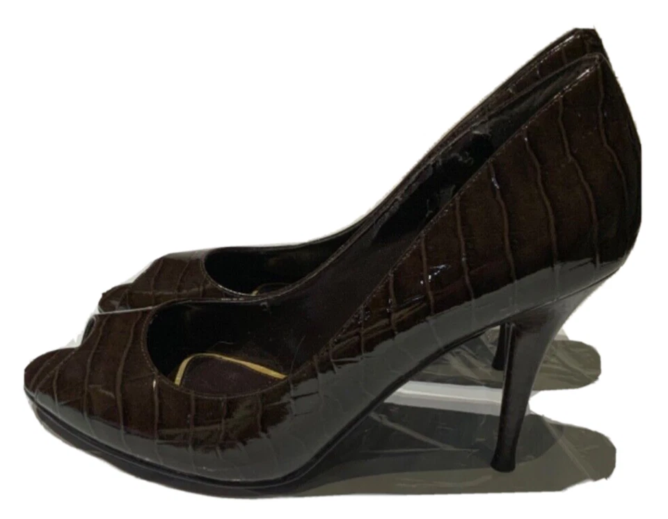 Lauren Ralph Lauren Brown Croc Embossed Leather Peep Toe Heels Shoes Size 9M - Image 2 of 4
