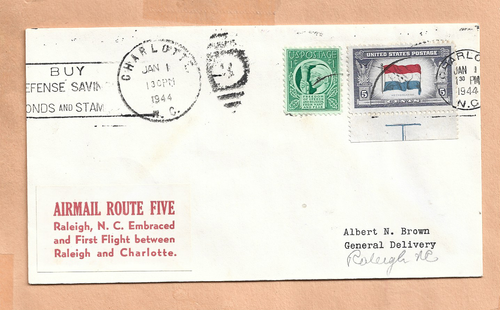 FIRST FLIGHT AM 5 CHARLOTTE N.C TO RALEIGH N.C JAN 1,1944 BROWN