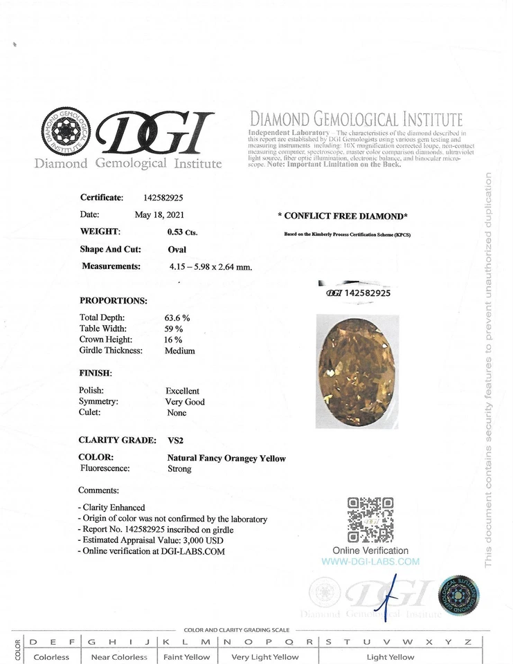 Oval Shape Diamond Fancy Orange Loose VS1 Natural Enhanced Polished 0.53 Carat - Image 3 of 4