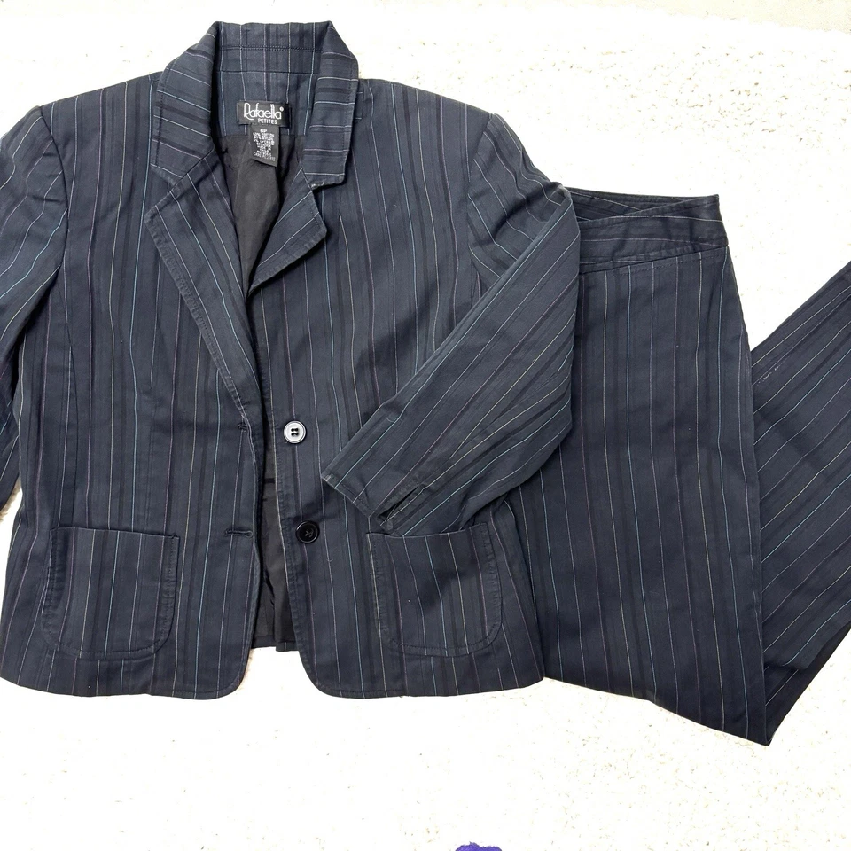 Rafaella Azul Marino Colorido Rayas Pierna Ancha Pantalones Traje 6P Algodón Preppy Oficina Foto 2 de 4