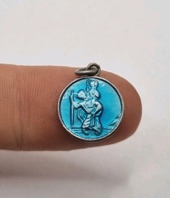 Kleiner Vintage blau Emaille Silber St. Christophorus Charm - religiös - Reisende