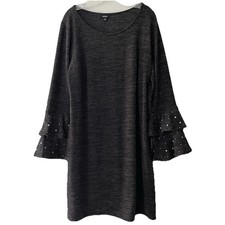 NWT!Tacera Women Plus Size 1X Gray Double Layered Bell Sleeve Studded Gray Dress
