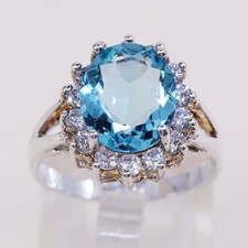 Sz 8.25, Vtg Sterling Silver Cocktail Ring, 925 W Blue topaz N Cz Around