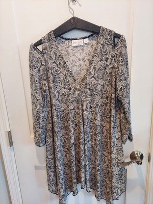 Womens Attitude By Renee Black/White Floral Print Flowy Boho Tunic Blouse Sz L