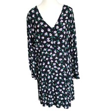 Mango Black Floral Print Long Sleeve Button Up V Neck Mini Dress Women’s Sz 10