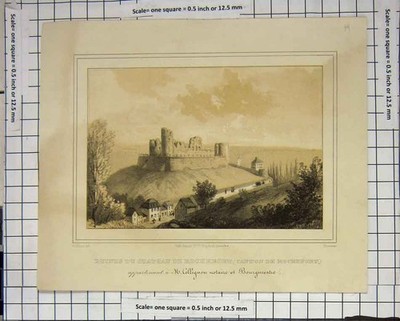 Original alter antiker Druck Ruinen Du Chateau Schloss Dorf Gebäude