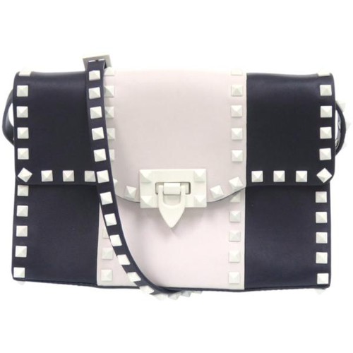 VALENTINO GARAVANI Free Rockstud Spike Leather Shoulder Bag White Navy Turn Lock