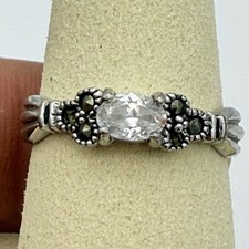 Vtg NF Sterling silver 925 clear oval stone Ring Marcasite Read