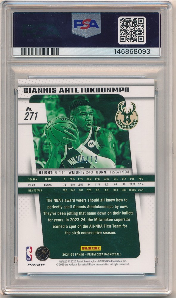 GIANNIS ANTETOKOUNMPO 2024/25 PRIZM DECA GREEN SHIMMER FOTL SP #06/12 PSA 10 GEM view 2