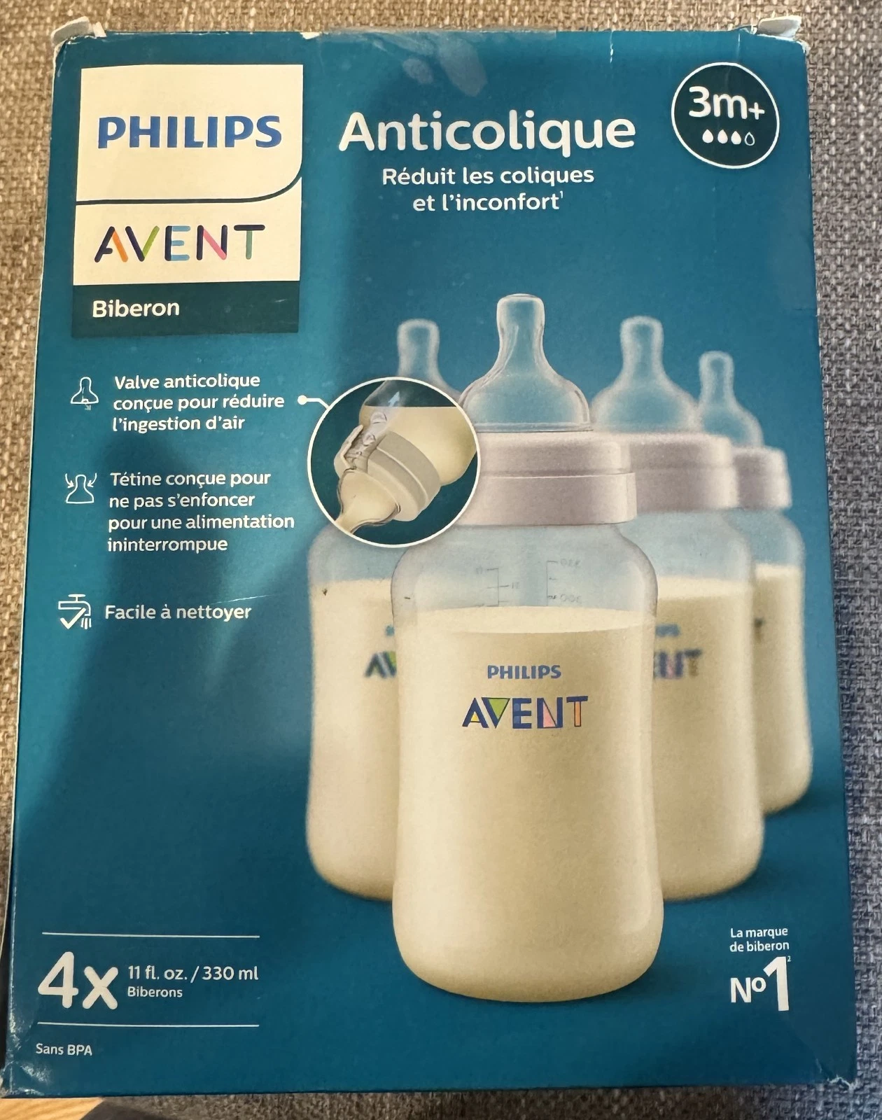 Philips Avent Anti-Colic Baby Bottles, 11oz, with Flow 3 Nipples, 3m+, 4pk