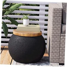  Outdoor Side Table - Black Drum, 17" Concrete Top, Faux-Wood Accent 1 PC Jar