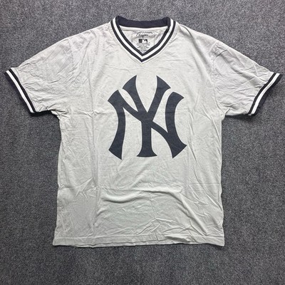 New York Yankees V Neck T Shirt XL Wright & Ditson MLB Logo Gray Ringer