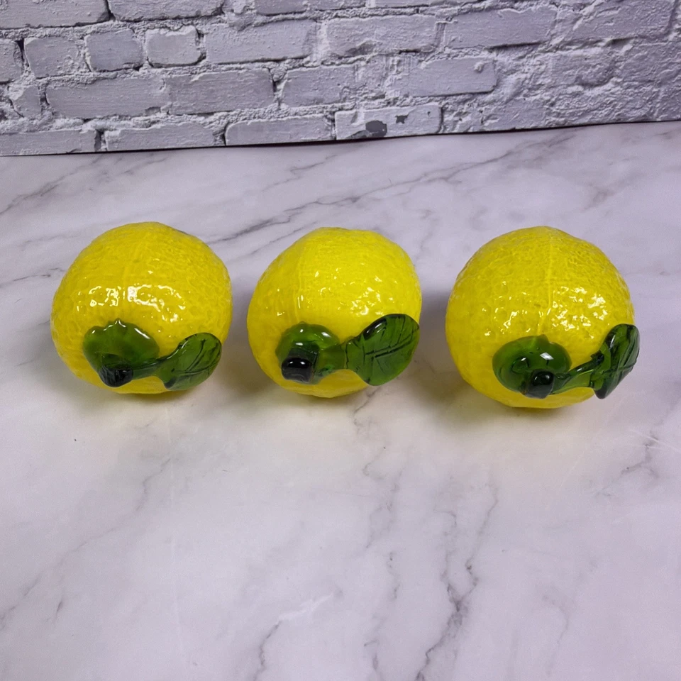 Lote De 3 Vintage Estilo Murano Soplado A Mano Arte Vidrio Limones Fruta Decoración 5"x3" Foto 4 de 4