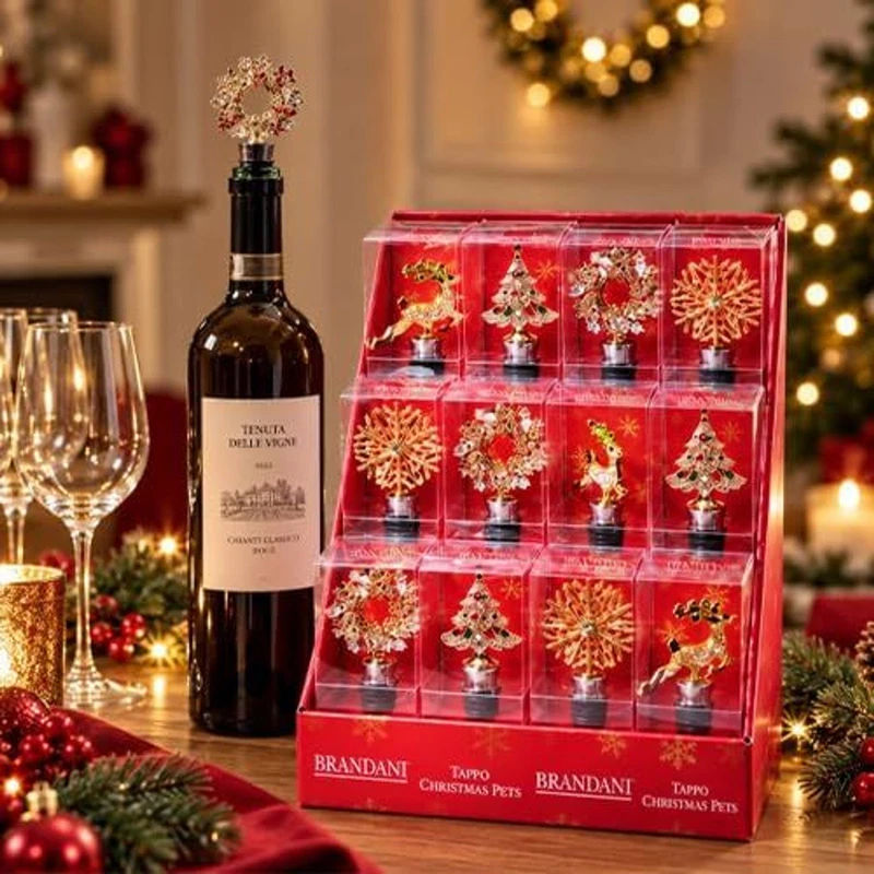 Tappo Bottiglia Vino Natale Gioiello BRANDANI Christmas Vetro Decori Assortiti, fotografia 2 di 9