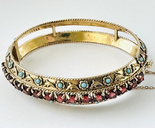 Retro Garnet Turquoise 14k Yellow Gold Bangle Cuff Bracelet 6.75" 33 Grams - Picture 6 of 23