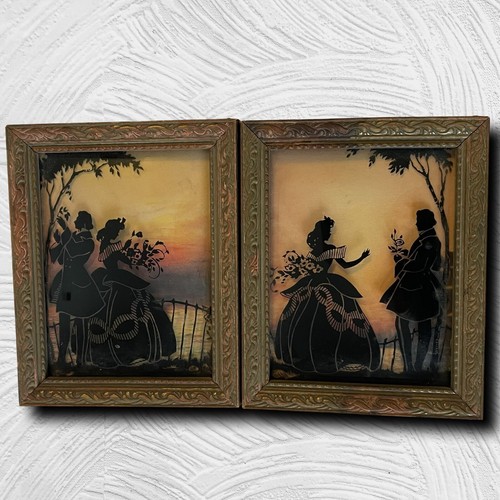 Vintage Paar 5 "x 4,25" umgekehrte Malerei auf konvexem Glas umwerbende Paar Silhouetten - Bild 11 von 24