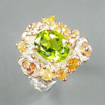 AAA+ HELLGRÜNER APFEL PERIDOT & CITRIN ZWEIFARBIG RING 925 STERLINGSILBER 14KWGP