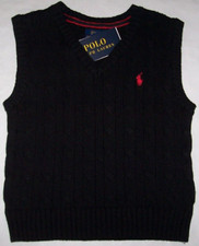 NWT Polo Ralph Lauren SOLID BLACK Classic Cable Sweater Vest Boys 7 RED PONY