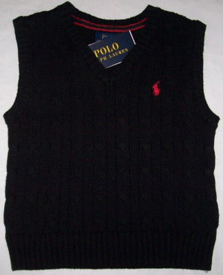 NWT Polo Ralph Lauren SOLID BLACK Classic Cable Sweater Vest Boys 5 RED PONY