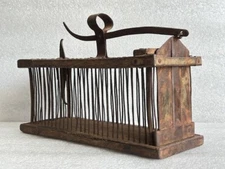 OLD VINTAGE HEAVY HAND CARVED WOODEN & IRON WIRE JALI RAT-MOUSE TRAP / CAGE