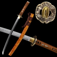 Handmade 30'' Wakizashi Sword  Real Hamon Clay Tempered L6 Steel Full Tang Sharp