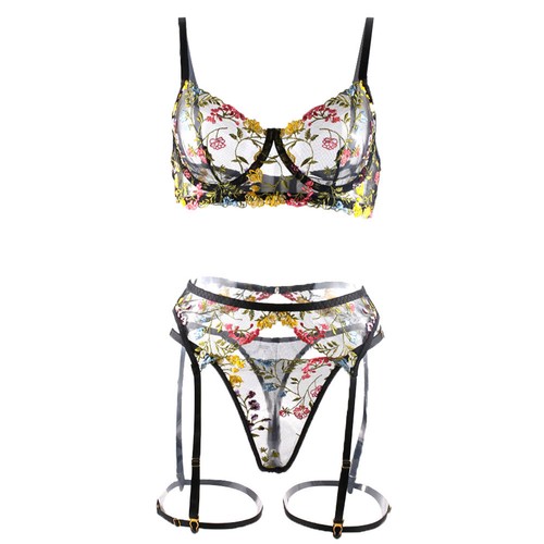 Sexy dünnes Band durchsichtig Unterwäsche bestickte Spitze Dessous Set 3-teilig - Bild 17 von 31
