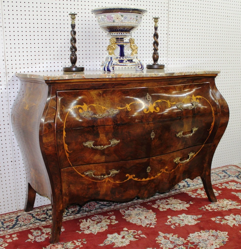 古董乡村法国 Burl 核桃大理石上衣孟买控制台入口箱 C1890 — 第 3/4 张图片