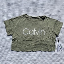 NWT Calvin Klein Womens Large Performance Cropped Raw Hem Logo T Shirt Top 39
