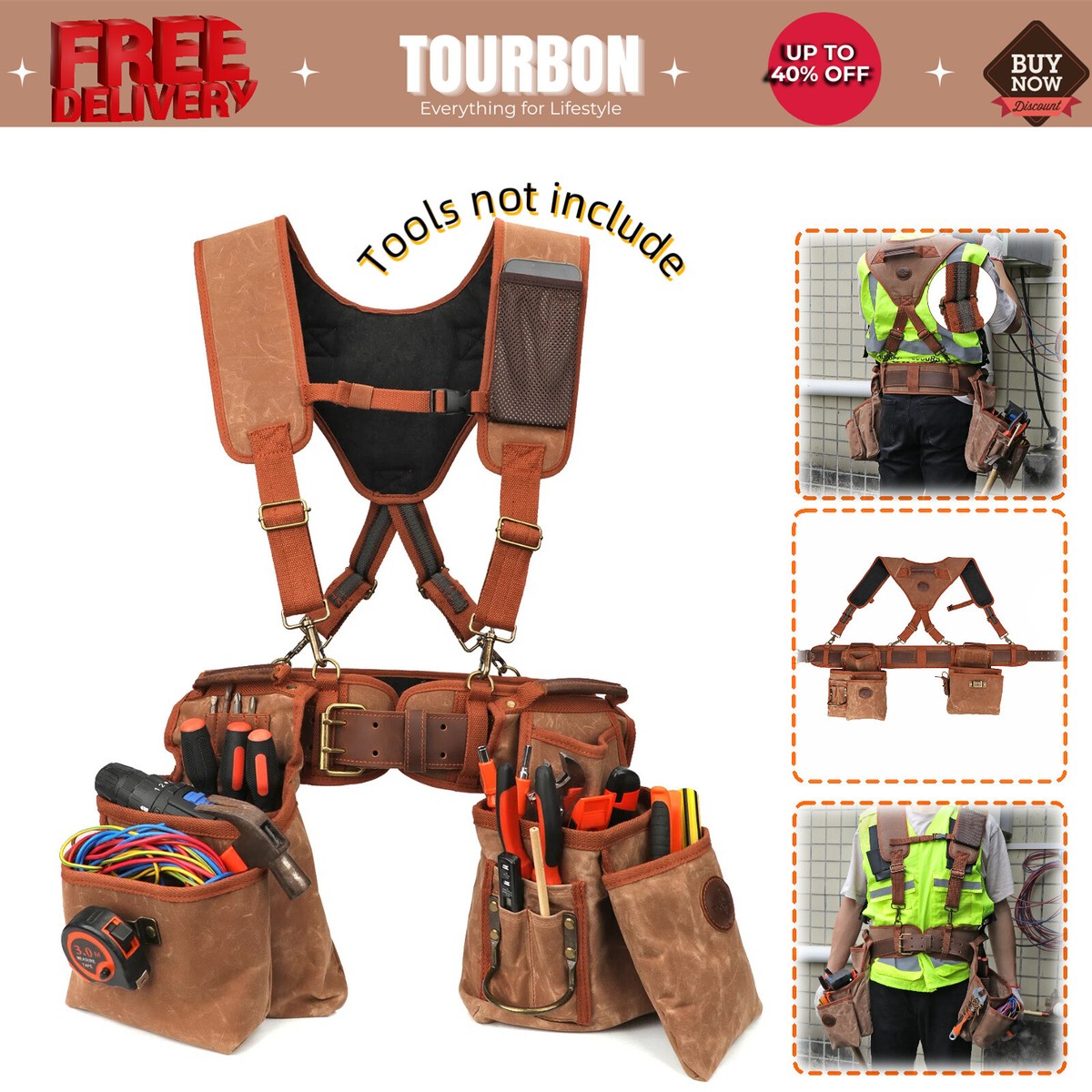 TOURBON Tool Belt Suspenders Pouch Drill Rig Carpenter Framers