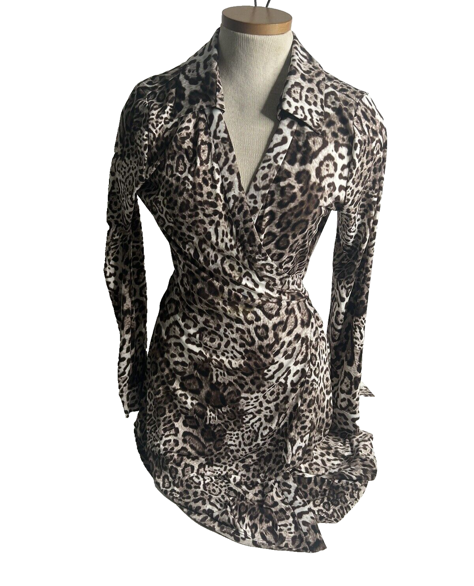 Calvin Klein Leopard Print V-Neck Collared Long Sleeve Sz 2 Wrap Dress