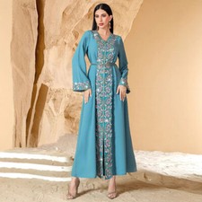 Muslim Embroidery Kaftan Women Long Dress Abaya Evening Dubai Ramadan Gown Prom