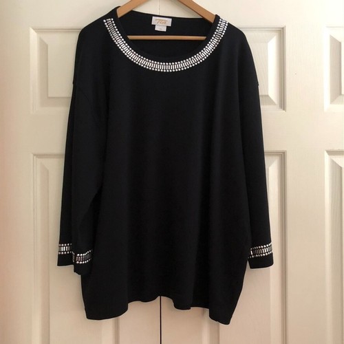 Tia black long sleeve top with silver studded embelishments, Cotton,Plus size 3X - Picture 2 of 6