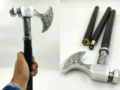 Silver Finish Metal Axe Head Handle Wooden Walking cane Victorian Axe Head Handl