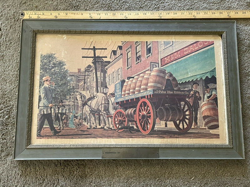 VTG Pabst Blue Ribbon Horse Drawn Beer Barrel Wagon Cardboard Beer Sign 39x23