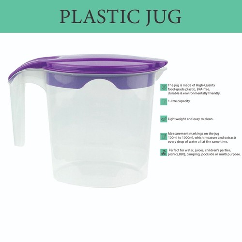 1L Plastic Jug with Lid Water Milk Juices Kitchen Home Fridge Door Picnic Jugs - Picture 9 of 15