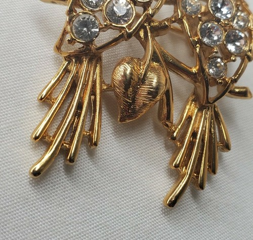 Broche vintage Love Birds broche figurine 2" ton or strass transparents Saint Valentin - Photo 5/11