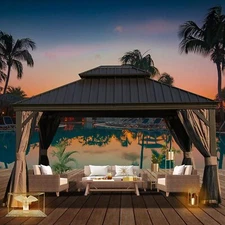 12' x 14' Outdoor Hardtop Gazebo Aluminum Brown Frame w/Sidewalls Double Roof