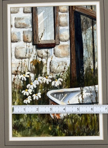 Vtg Watercolor Painting Rusted Tub In Flower Garden In Front Stone Barn 16x12” - Picture 11 of 13