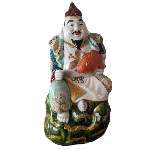 Antique Japanese Kutani Porcelain Statue Figure of Ebisu Lucky God Holding Fish - Picture 1 of 18