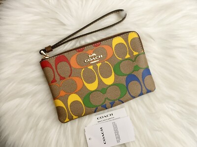 COACH Corner Zip Wristlet In Rainbow Signature Canvas NWT | eBay