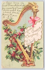 Greetings~Golden Harp Holly & Mistletoe Kindest Regards~Vintage Postcard