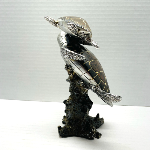 Meeresschildkröten schwimmen Statue schönes Meeresleben Metalloptik und glänzende Muschel - Bild 4 von 13