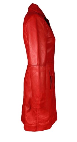 Women Black & Red Real Cowhide Leather Gothic Metrix Style Ladies Trench Coat - Picture 13 of 14