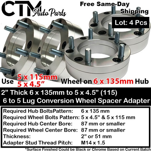 4PC 2" THICK 6X135 to 5X4.5 87mm C.B CONVERTION WHEEL ADAPTER SPACER FIT FORD - Picture 1 of 4
