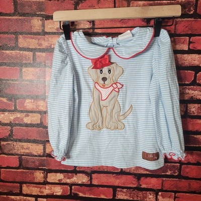 Millie Jay Girls Size 6 Labrador Shirt Blue Stripes Ruffle Collar Button